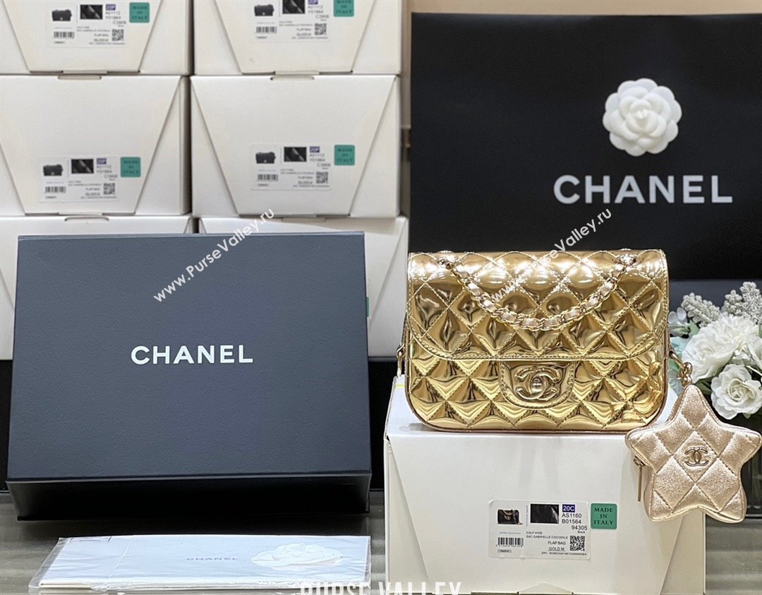 chanel Metallic Mirror Calfskin Metallic Lambskin Gold-Tone Metal Mini Flap Bag Star Coin Purse AS4646 gold 2024(original qualit