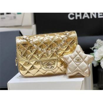 chanel Metallic Mirror Calfskin Metallic Lambskin Gold-Tone Metal Mini Flap Bag Star Coin Purse AS4646 gold 2024(original qualit