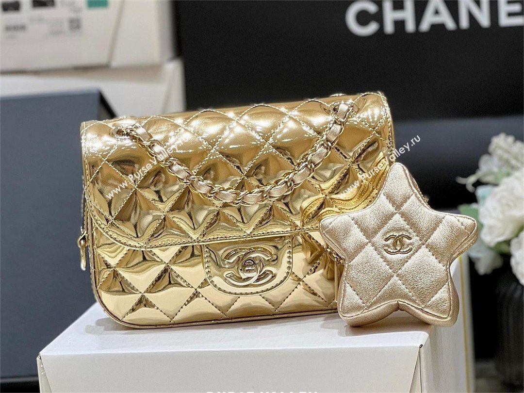 chanel Metallic Mirror Calfskin Metallic Lambskin Gold-Tone Metal Mini Flap Bag Star Coin Purse AS4646 gold 2024(original qualit