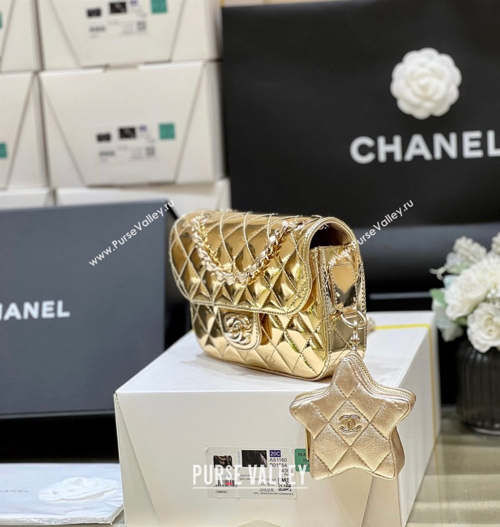 chanel Metallic Mirror Calfskin Metallic Lambskin Gold-Tone Metal Mini Flap Bag Star Coin Purse AS4646 gold 2024(original qualit