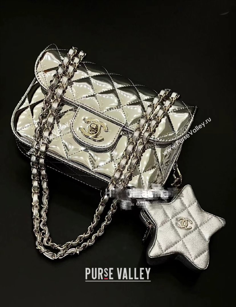 chanel Metallic Mirror Calfskin Metallic Lambskin Gold-Tone Metal Mini Flap Bag Star Coin Purse AS4646 silver 2024(original qual