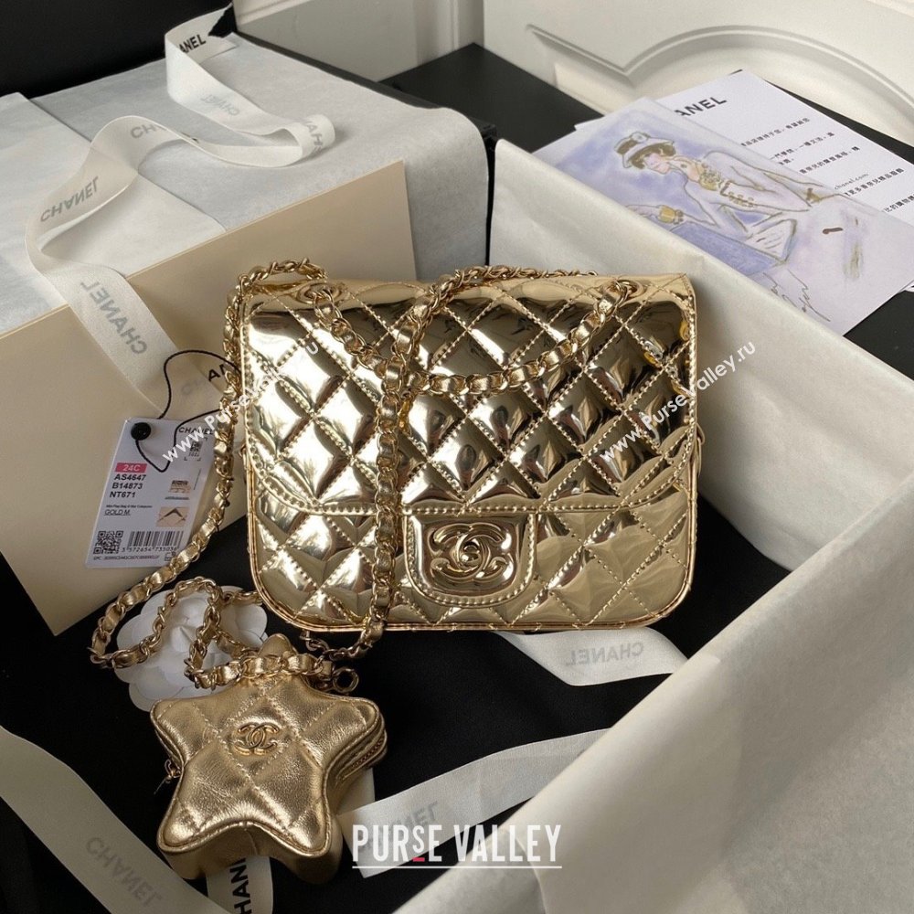 chanel Metallic Mirror Calfskin Metallic Lambskin Gold-Tone Metal Mini Flap Bag Star Coin Purse AS4647 gold 2024 (jiyuan-240103-
