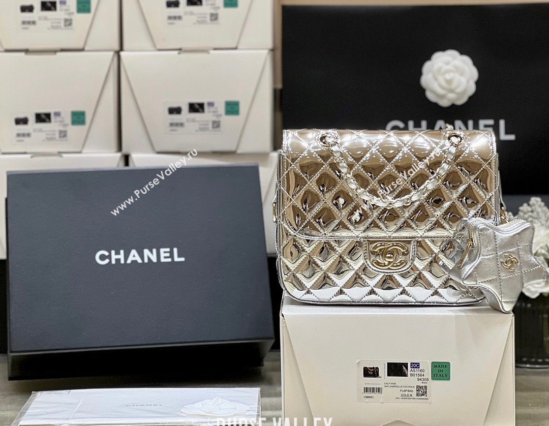 chanel Metallic Mirror Calfskin Metallic Lambskin Gold-Tone Metal Silver Flap Bag Star Coin Purse AS4649 2024(original quality) 