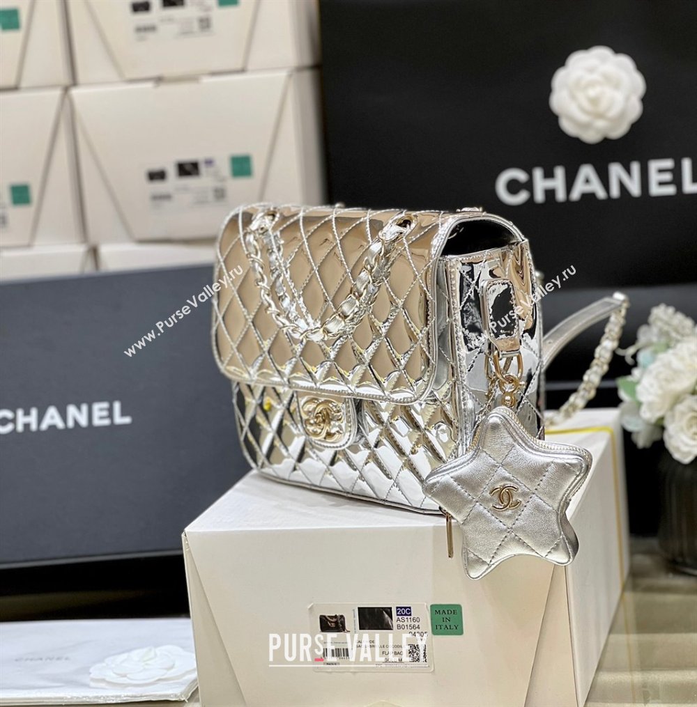 chanel Metallic Mirror Calfskin Metallic Lambskin Gold-Tone Metal Silver Flap Bag Star Coin Purse AS4649 2024(original quality) 