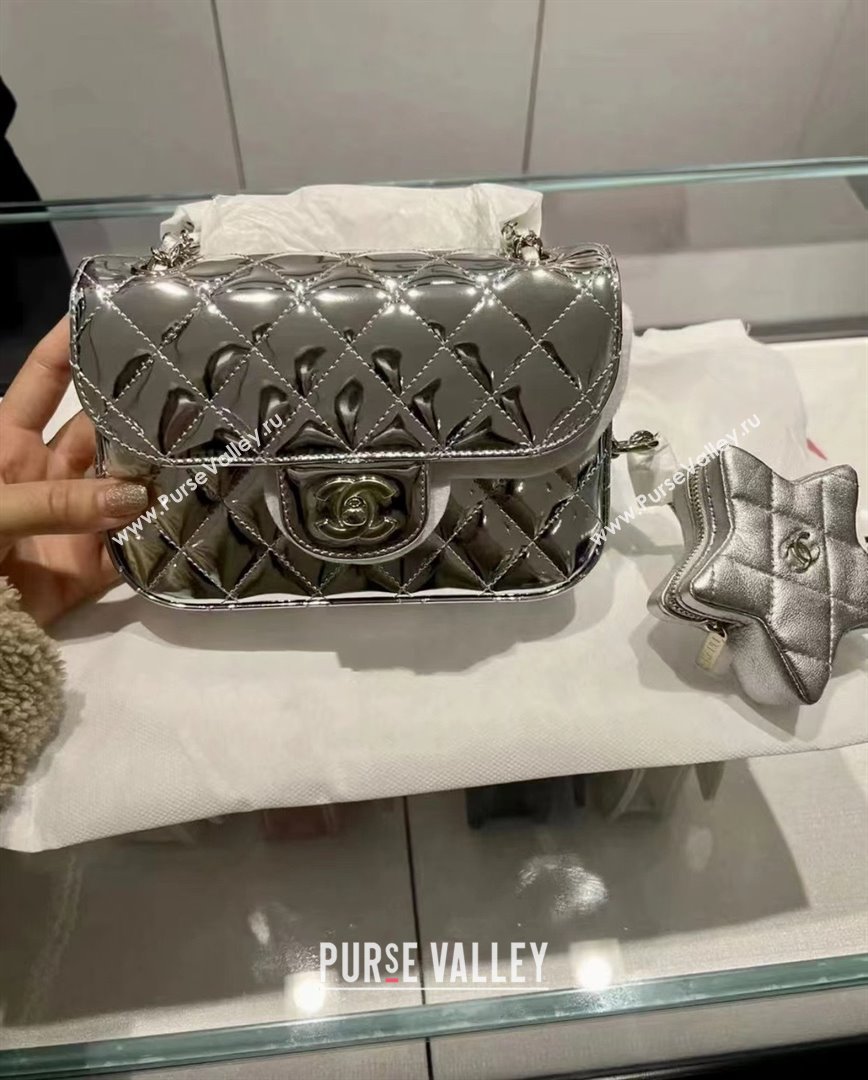 chanel Metallic Mirror Calfskin Metallic Lambskin Gold-Tone Metal Mini Flap Bag Star Coin Purse AS4646 silver 2024(original qual