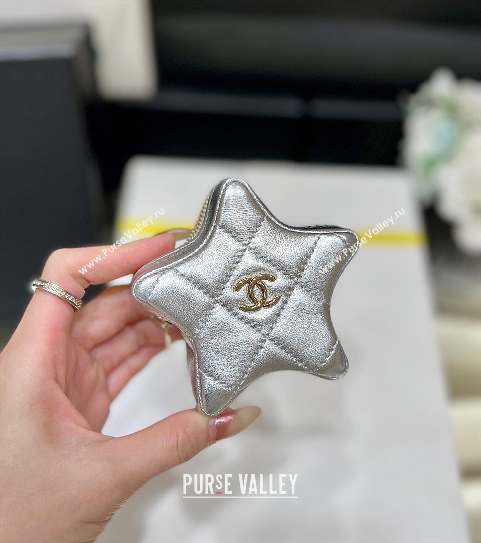 chanel Metallic Mirror Calfskin Metallic Lambskin Gold-Tone Metal Silver Flap Bag Star Coin Purse AS4649 2024(original quality) 
