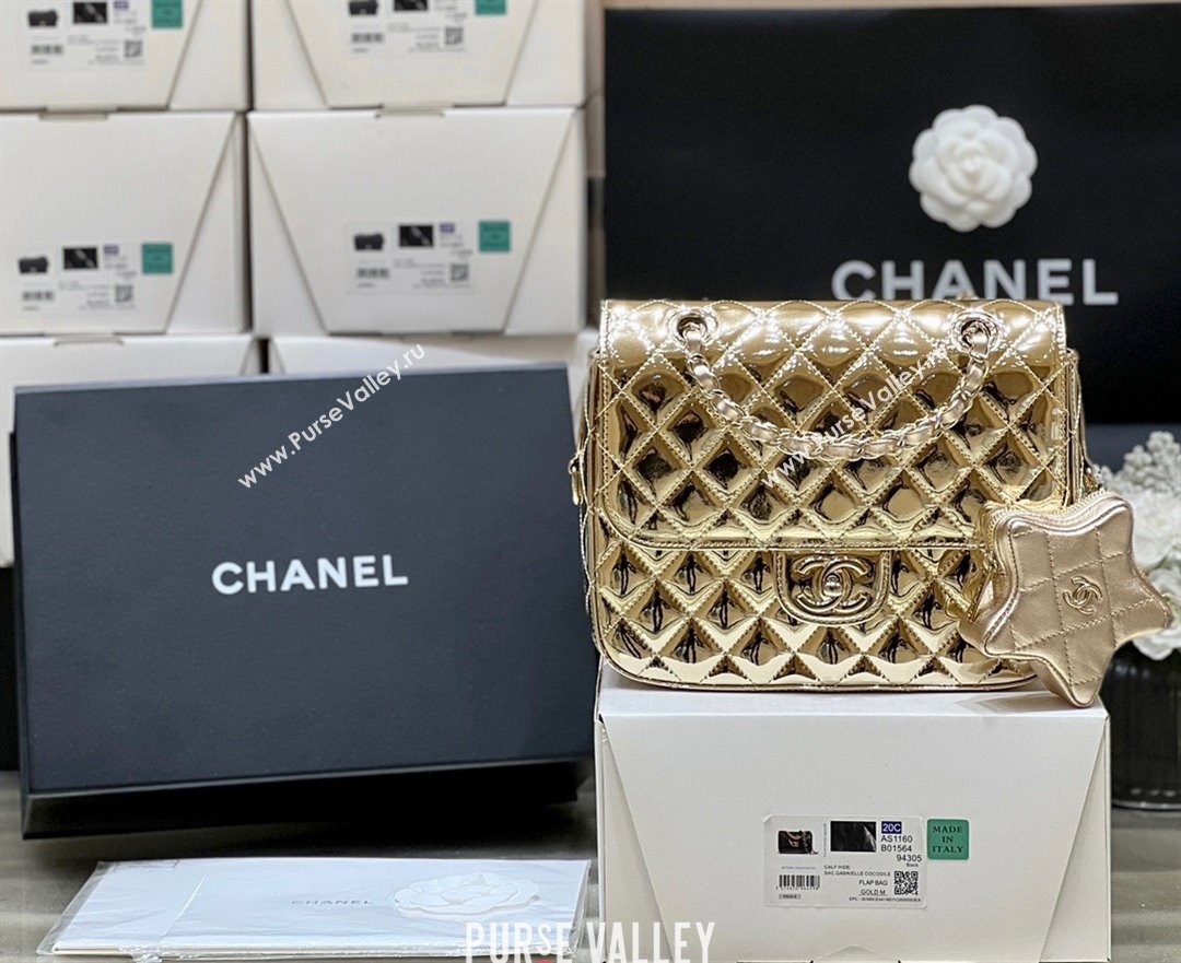 chanel Metallic Mirror Calfskin Metallic Lambskin Gold-Tone Metal gold Flap Bag Star Coin Purse AS4649 2024(original quality) (s