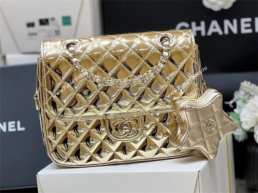 chanel Metallic Mirror Calfskin Metallic Lambskin Gold-Tone Metal gold Flap Bag Star Coin Purse AS4649 2024(original quality) (s