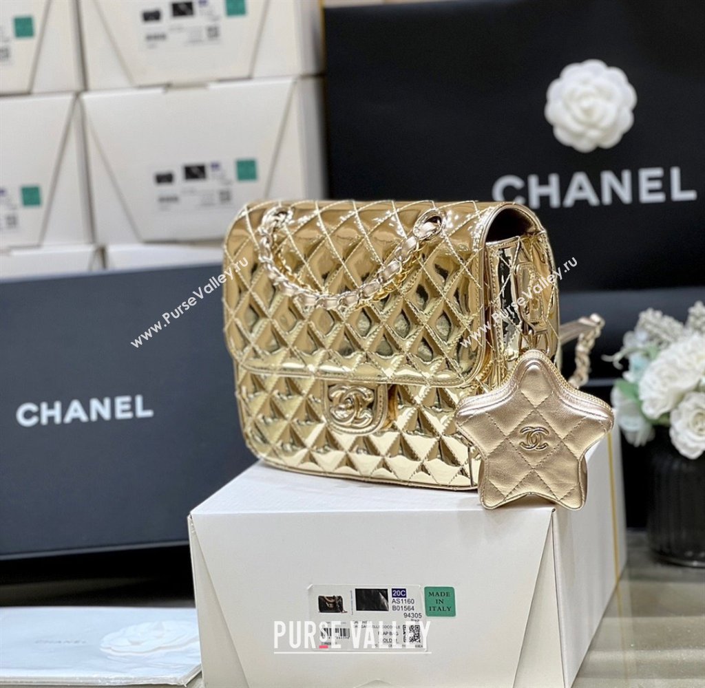 chanel Metallic Mirror Calfskin Metallic Lambskin Gold-Tone Metal gold Flap Bag Star Coin Purse AS4649 2024(original quality) (s