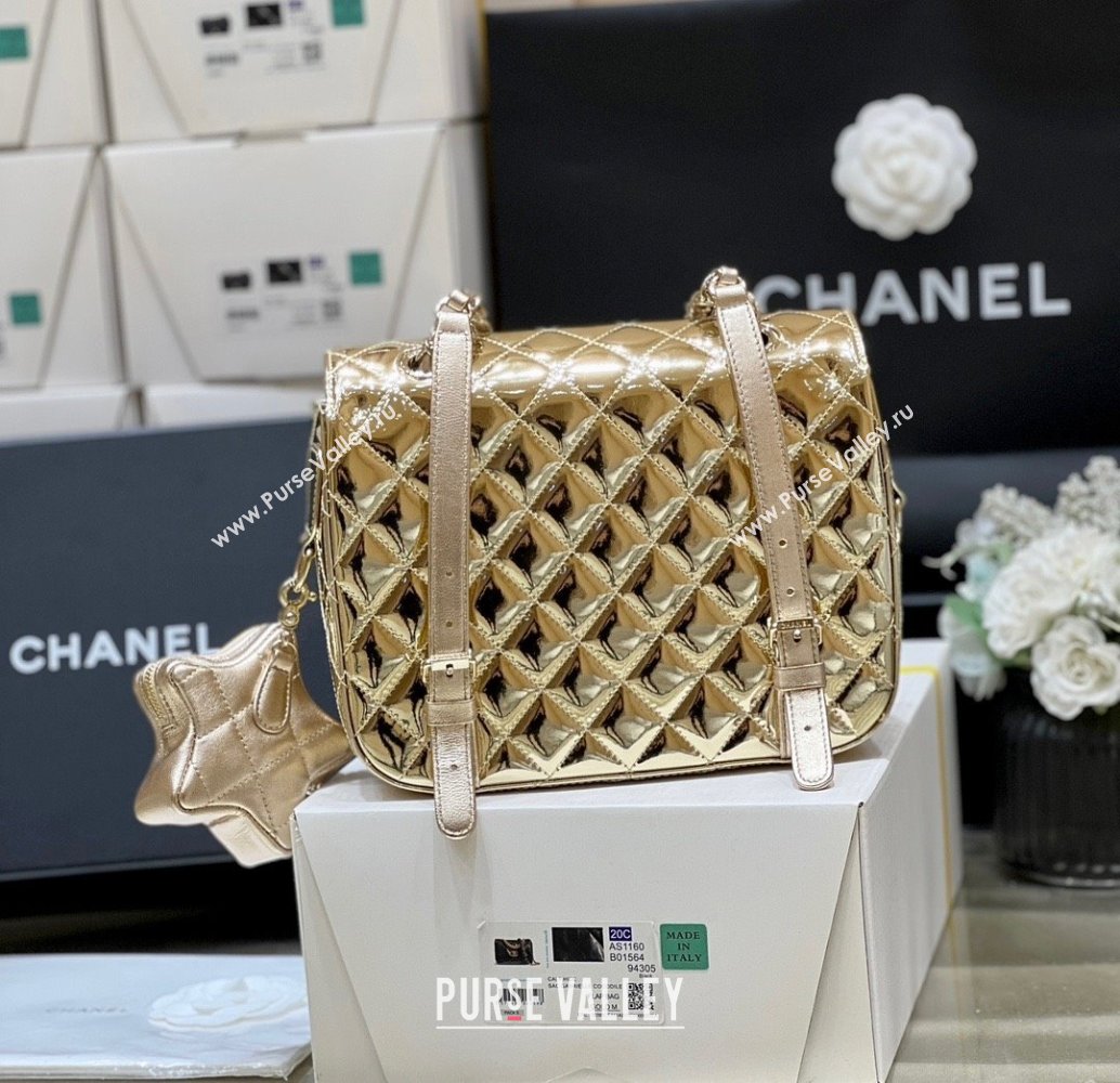 chanel Metallic Mirror Calfskin Metallic Lambskin Gold-Tone Metal gold Flap Bag Star Coin Purse AS4649 2024(original quality) (s