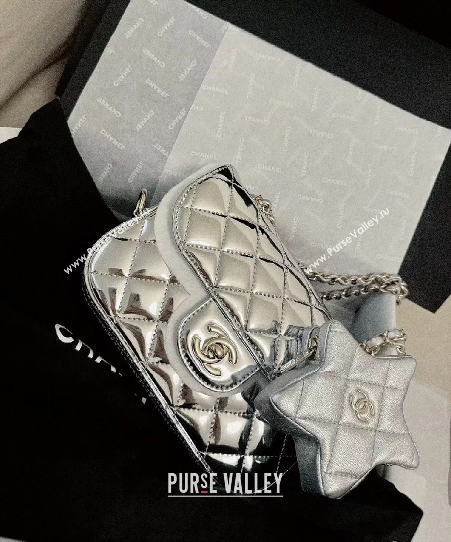 chanel Metallic Mirror Calfskin Metallic Lambskin Gold-Tone Metal Mini Flap Bag Star Coin Purse AS4646 silver 2024(original qual