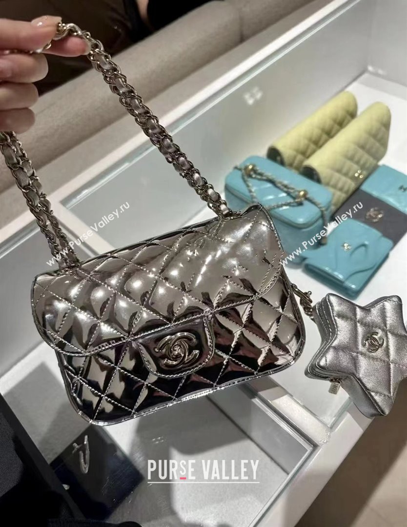 chanel Metallic Mirror Calfskin Metallic Lambskin Gold-Tone Metal Mini Flap Bag Star Coin Purse AS4646 silver 2024(original qual