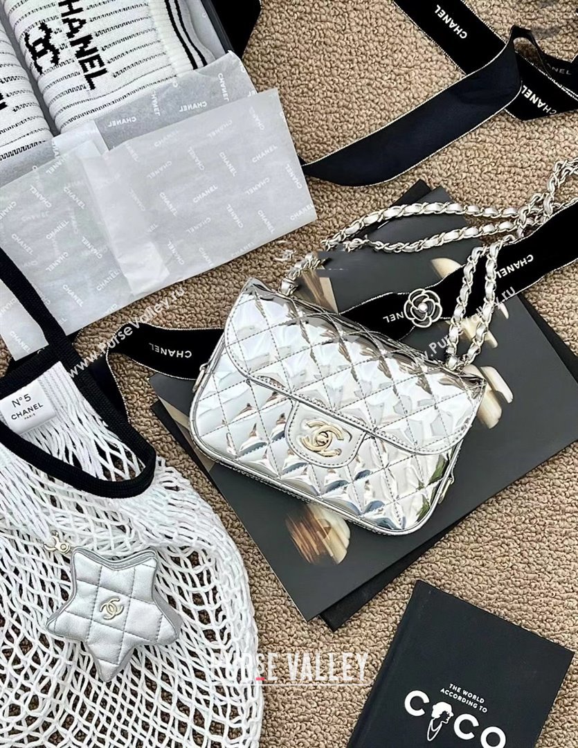 chanel Metallic Mirror Calfskin Metallic Lambskin Gold-Tone Metal Mini Flap Bag Star Coin Purse AS4646 silver 2024(original qual