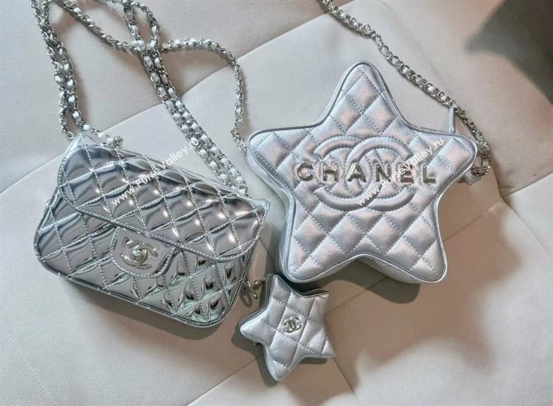 chanel Metallic Mirror Calfskin Metallic Lambskin Gold-Tone Metal Mini Flap Bag Star Coin Purse AS4646 silver 2024(original qual