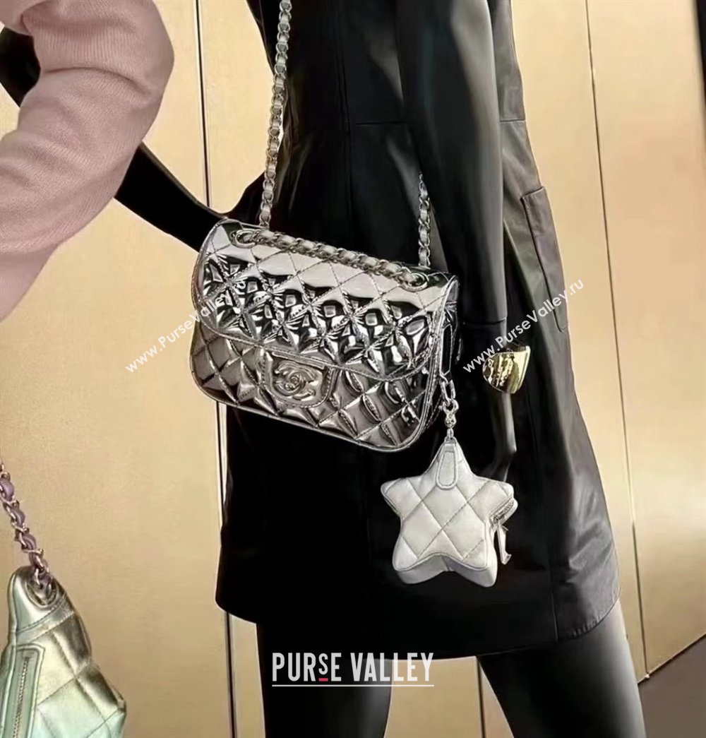 chanel Metallic Mirror Calfskin Metallic Lambskin Gold-Tone Metal Mini Flap Bag Star Coin Purse AS4646 silver 2024(original qual