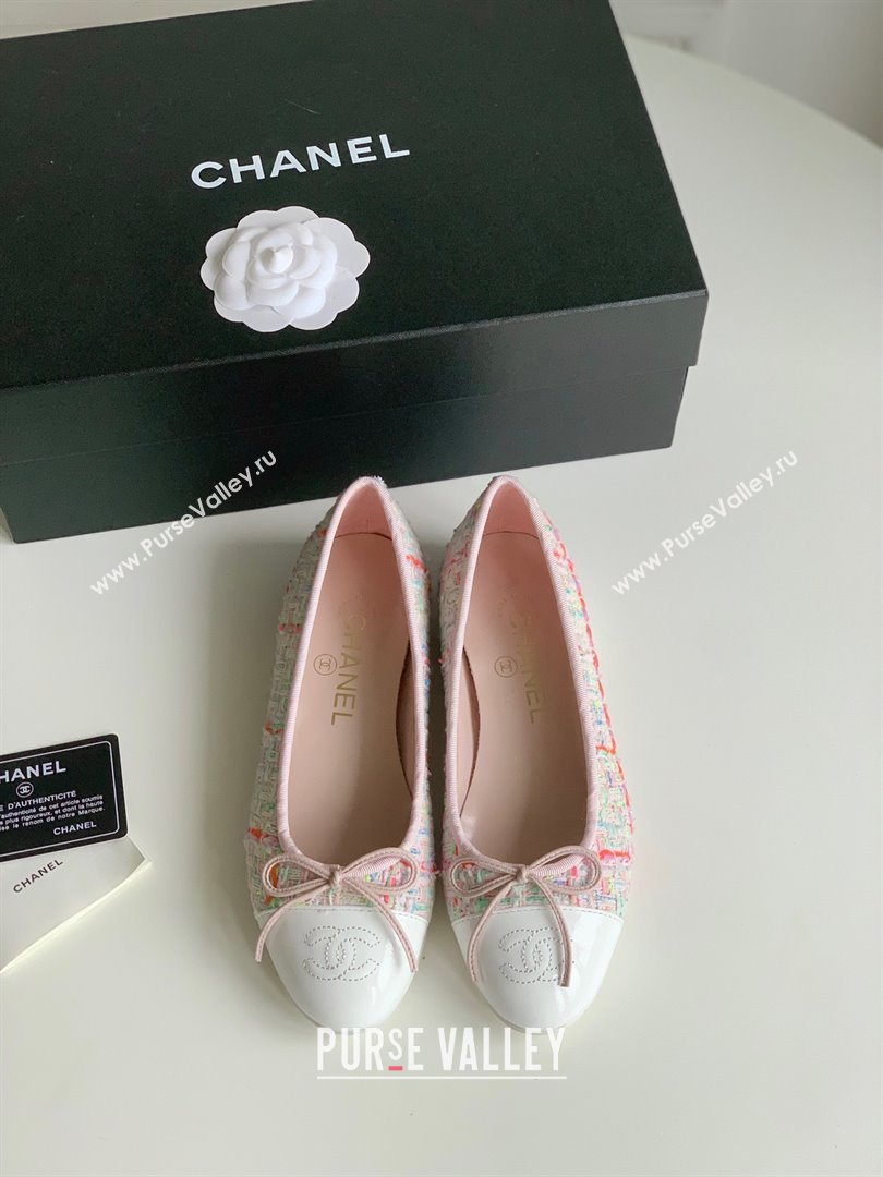 Chanel white pink Wool Tweed Lambskin ballet flats 2024 (kaola-240104-04)