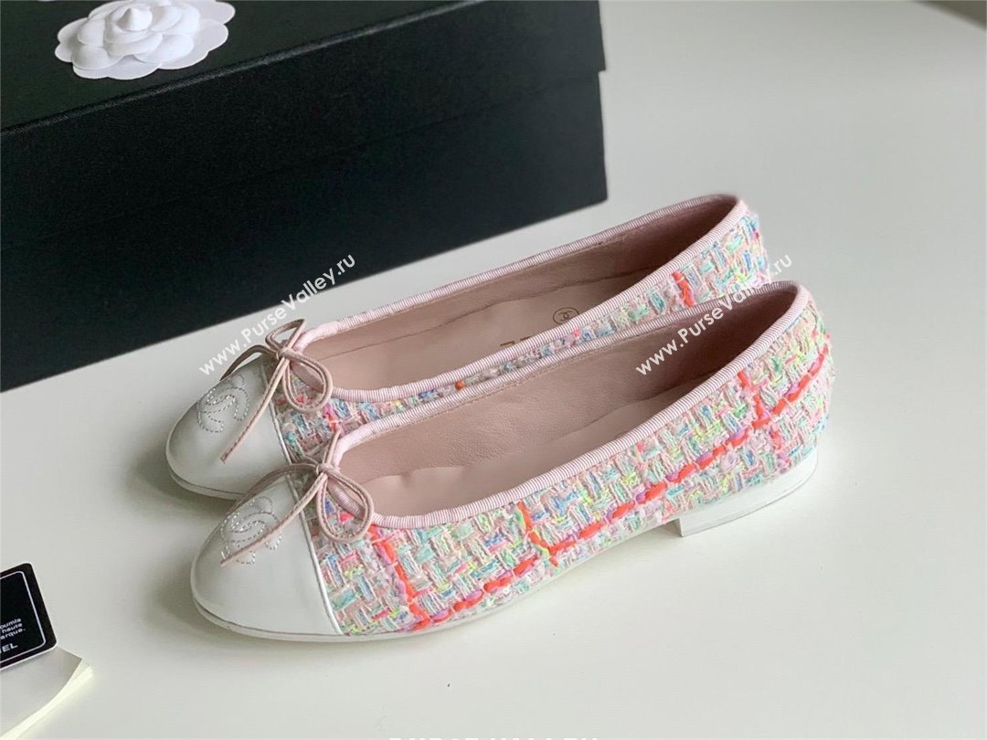 Chanel white pink Wool Tweed Lambskin ballet flats 2024 (kaola-240104-04)