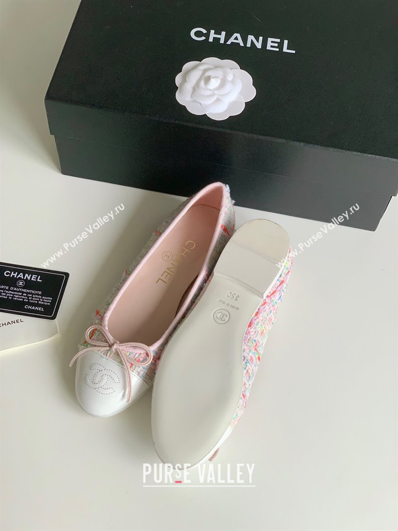 Chanel white pink Wool Tweed Lambskin ballet flats 2024 (kaola-240104-04)