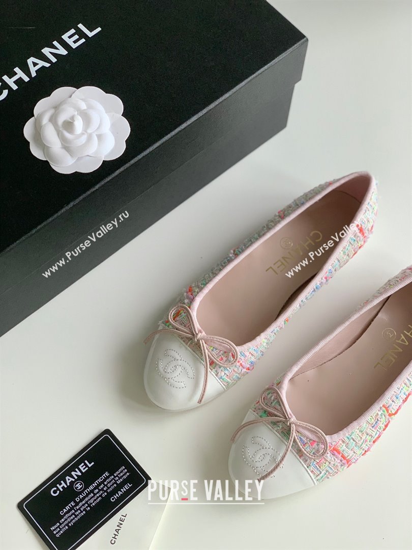 Chanel white pink Wool Tweed Lambskin ballet flats 2024 (kaola-240104-04)