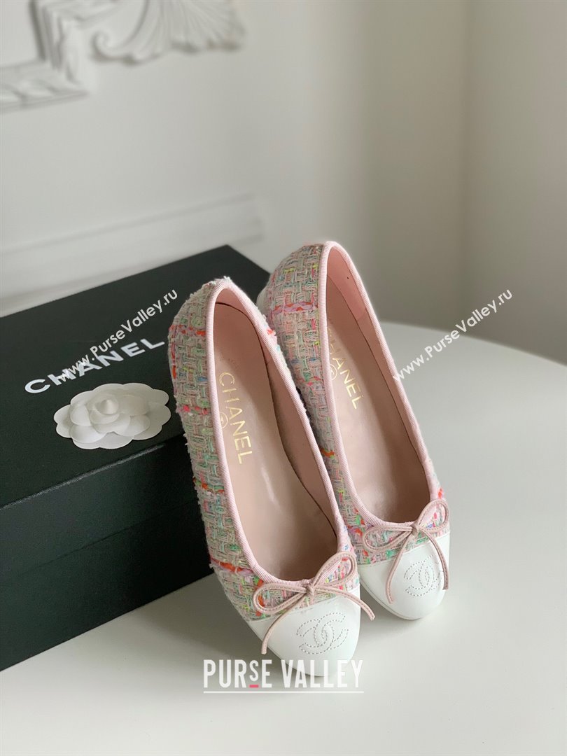 Chanel white pink Wool Tweed Lambskin ballet flats 2024 (kaola-240104-04)