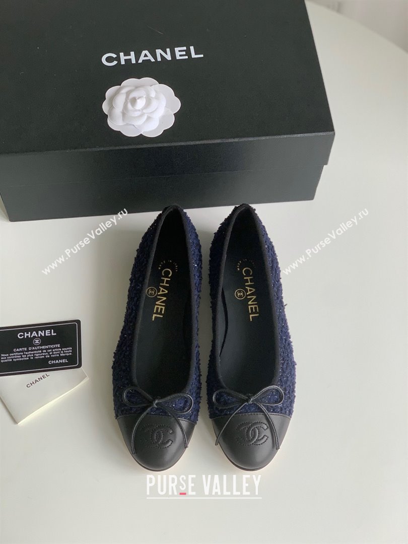 Chanel Wool Tweed Lambskin Navy Blue Blue Black ballet flats 2024 (kaola-240104-03)