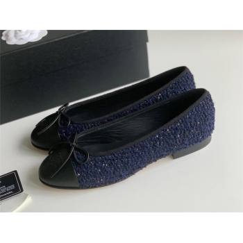 Chanel Wool Tweed Lambskin Navy Blue Blue Black ballet flats 2024 (kaola-240104-03)