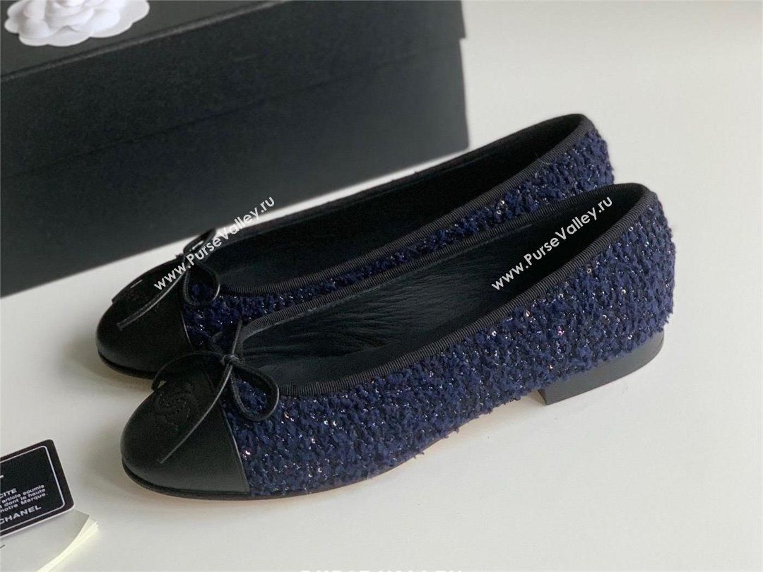 Chanel Wool Tweed Lambskin Navy Blue Blue Black ballet flats 2024 (kaola-240104-03)