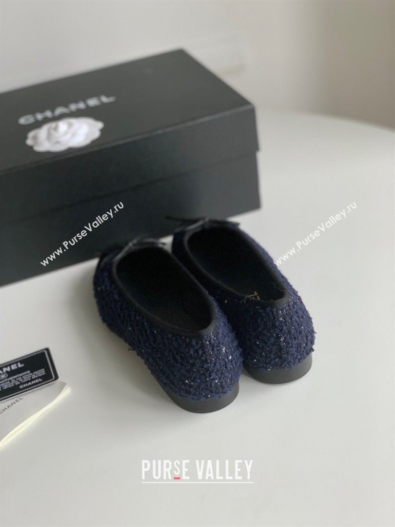 Chanel Wool Tweed Lambskin Navy Blue Blue Black ballet flats 2024 (kaola-240104-03)