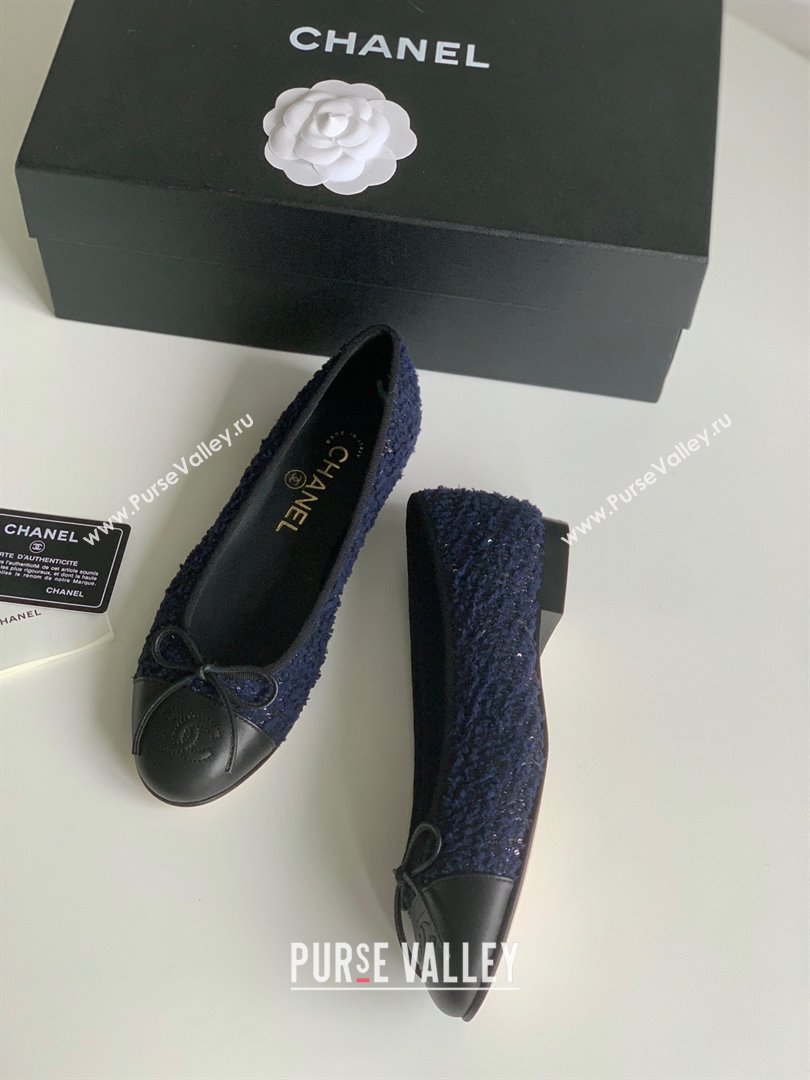 Chanel Wool Tweed Lambskin Navy Blue Blue Black ballet flats 2024 (kaola-240104-03)