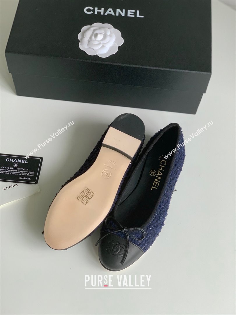 Chanel Wool Tweed Lambskin Navy Blue Blue Black ballet flats 2024 (kaola-240104-03)