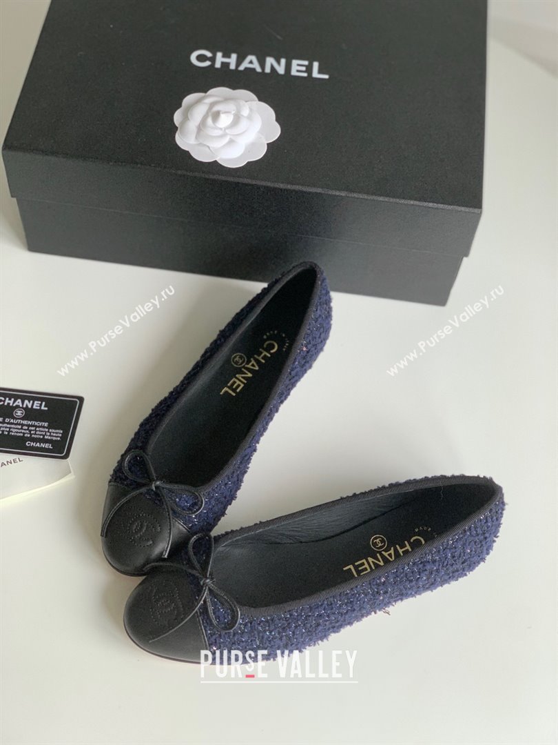 Chanel Wool Tweed Lambskin Navy Blue Blue Black ballet flats 2024 (kaola-240104-03)