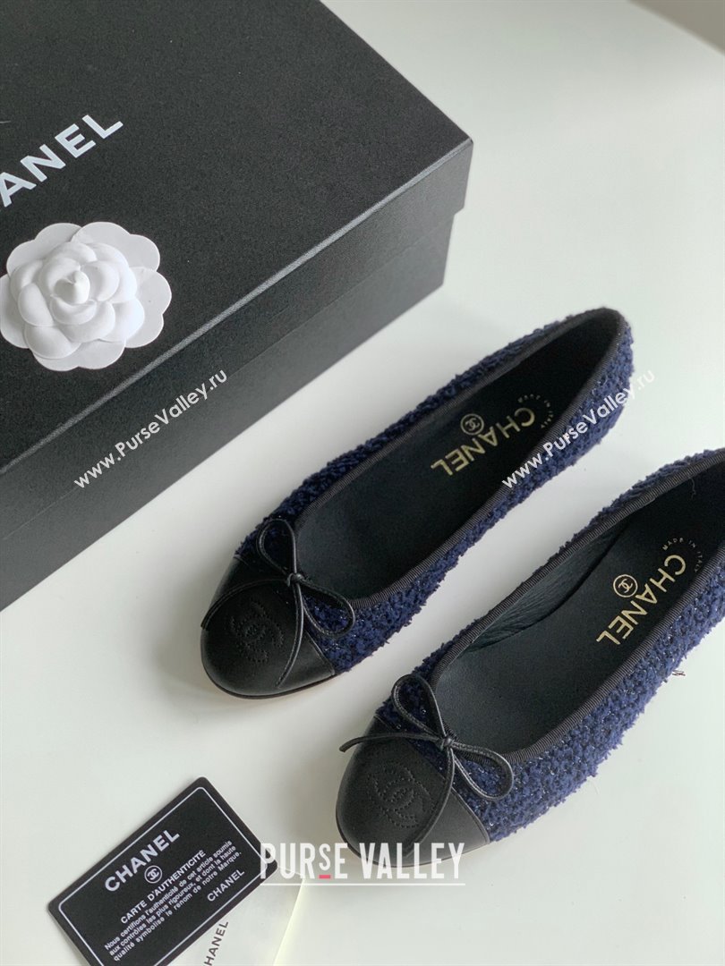 Chanel Wool Tweed Lambskin Navy Blue Blue Black ballet flats 2024 (kaola-240104-03)