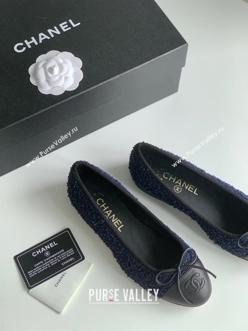 Chanel Wool Tweed Lambskin Navy Blue Blue Black ballet flats 2024 (kaola-240104-03)
