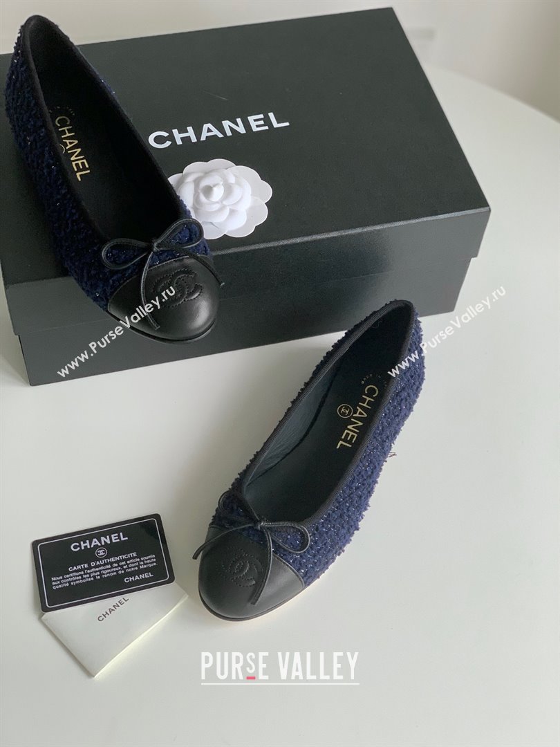 Chanel Wool Tweed Lambskin Navy Blue Blue Black ballet flats 2024 (kaola-240104-03)