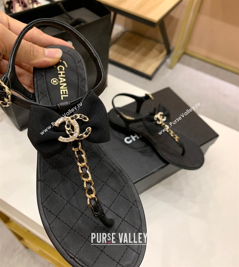 CHANEL THONG QUILTING SANDALS BLACK WITH BOW SPRING 2021 (MODENG-201224-08)