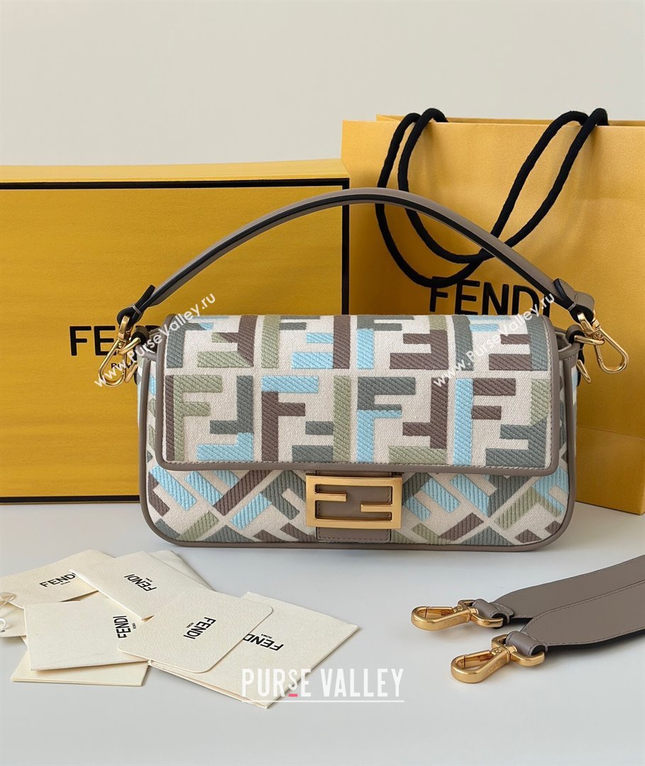 Fendi Baguette Medium Bag in Canvas with FF embroidery Green/Blue/Multicolor 2025 0159M 0930 (CL-250930019)