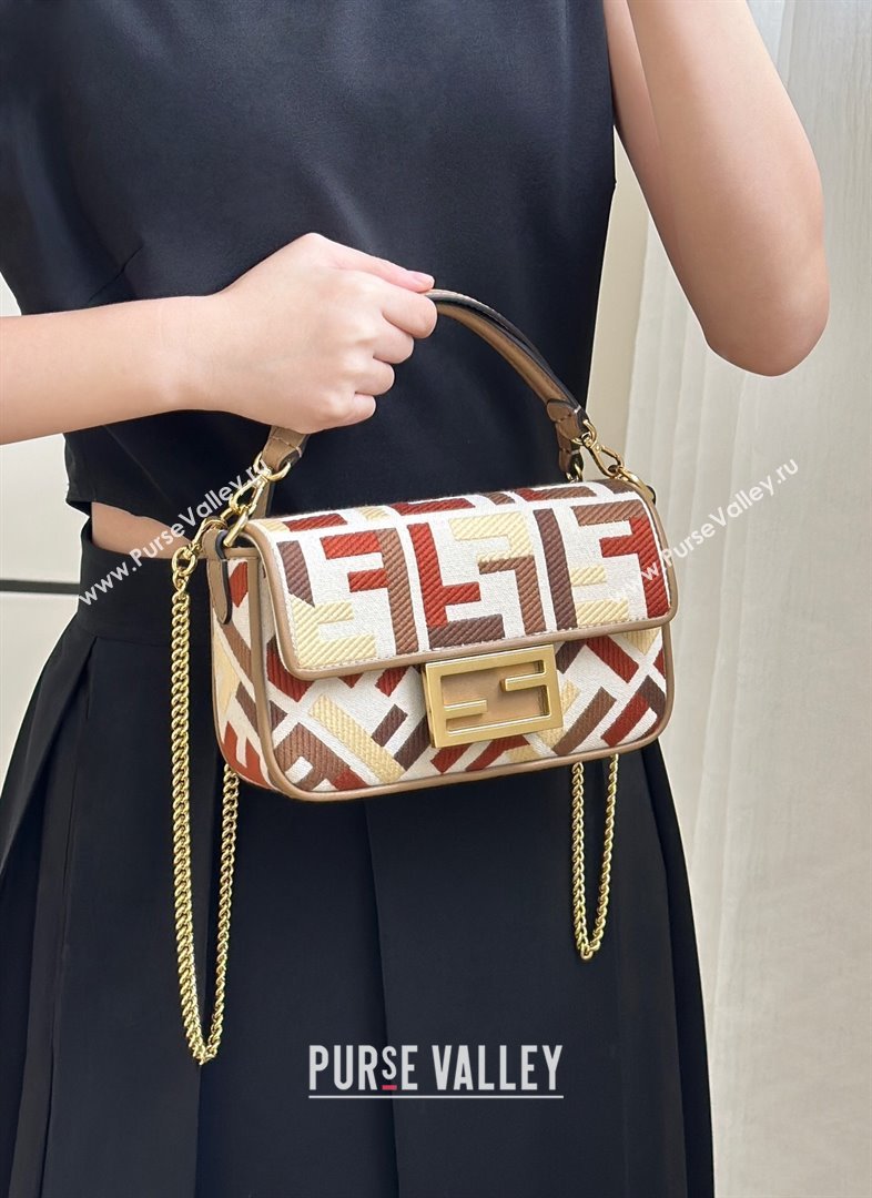 Fendi Baguette Mini Bag in Canvas with FF embroidery Red/Multicolor 2025 0159S 0930 (CL-250930020)