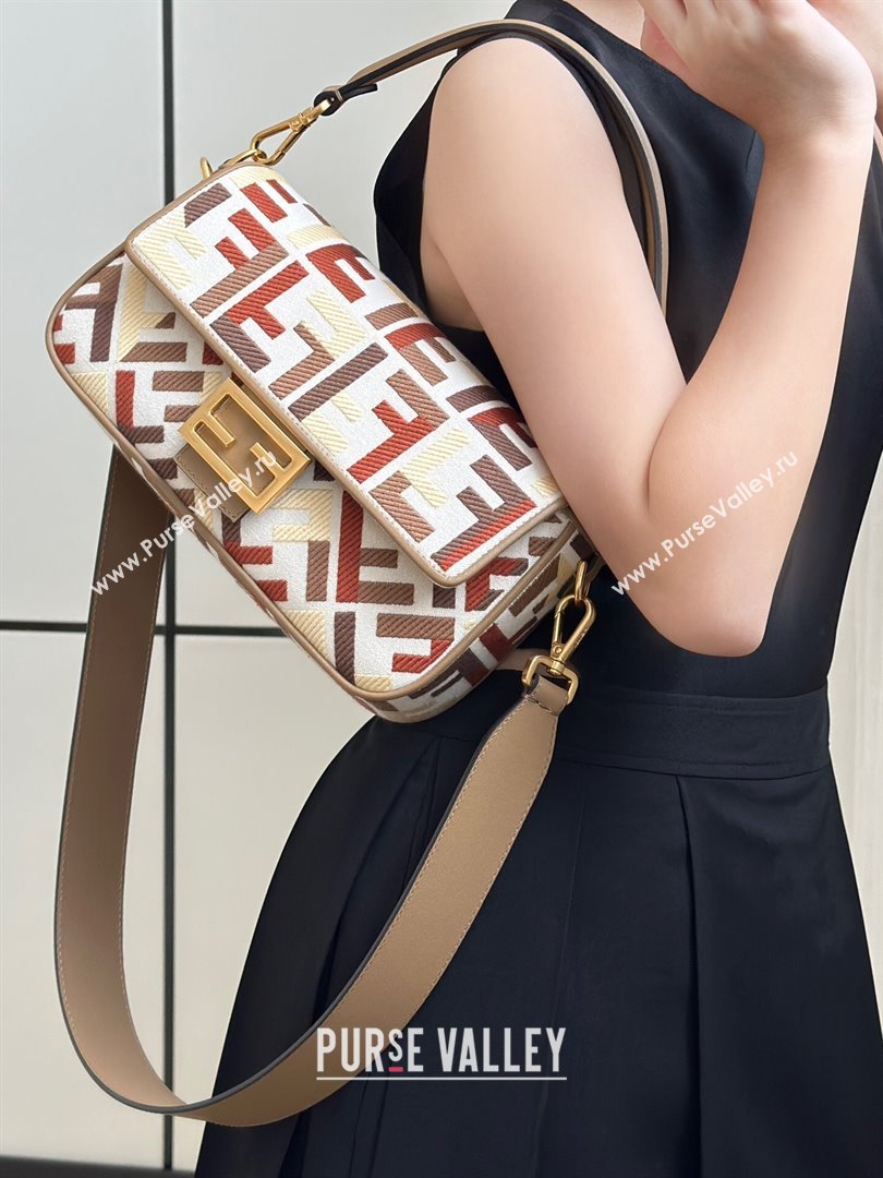Fendi Baguette Medium Bag in Canvas with FF embroidery Red/Multicolor 2025 0159M 0930 (CL-250930021)