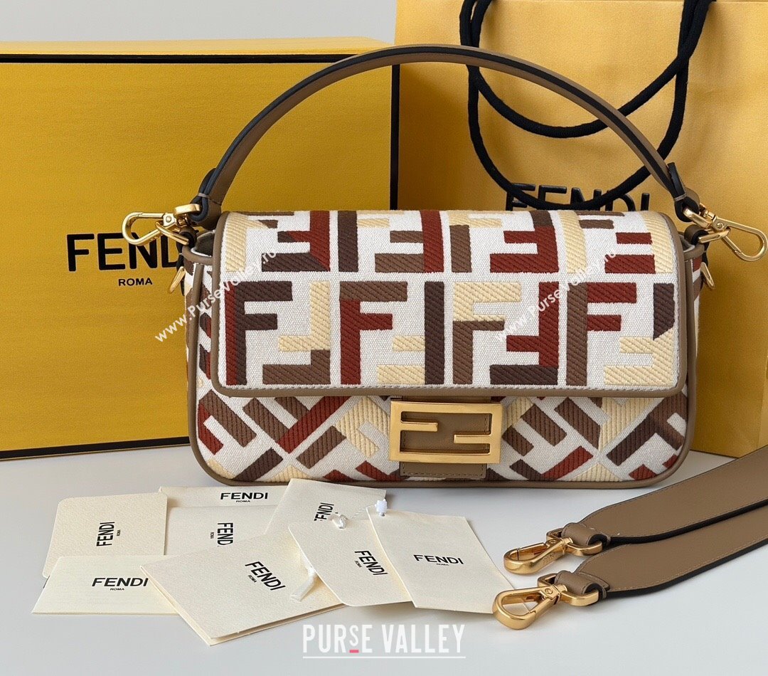 Fendi Baguette Medium Bag in Canvas with FF embroidery Red/Multicolor 2025 0159M 0930 (CL-250930021)