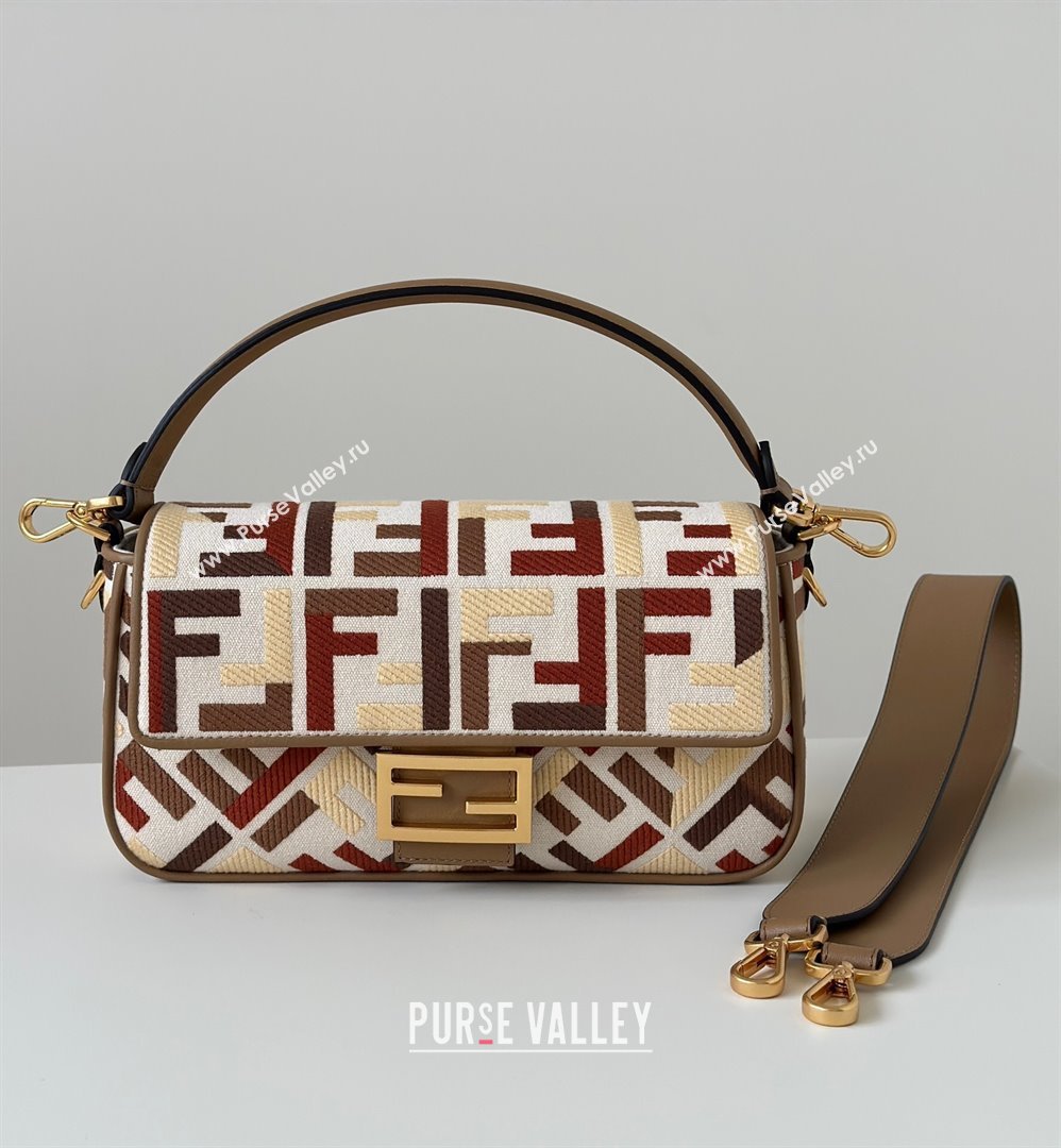 Fendi Baguette Medium Bag in Canvas with FF embroidery Red/Multicolor 2025 0159M 0930 (CL-250930021)
