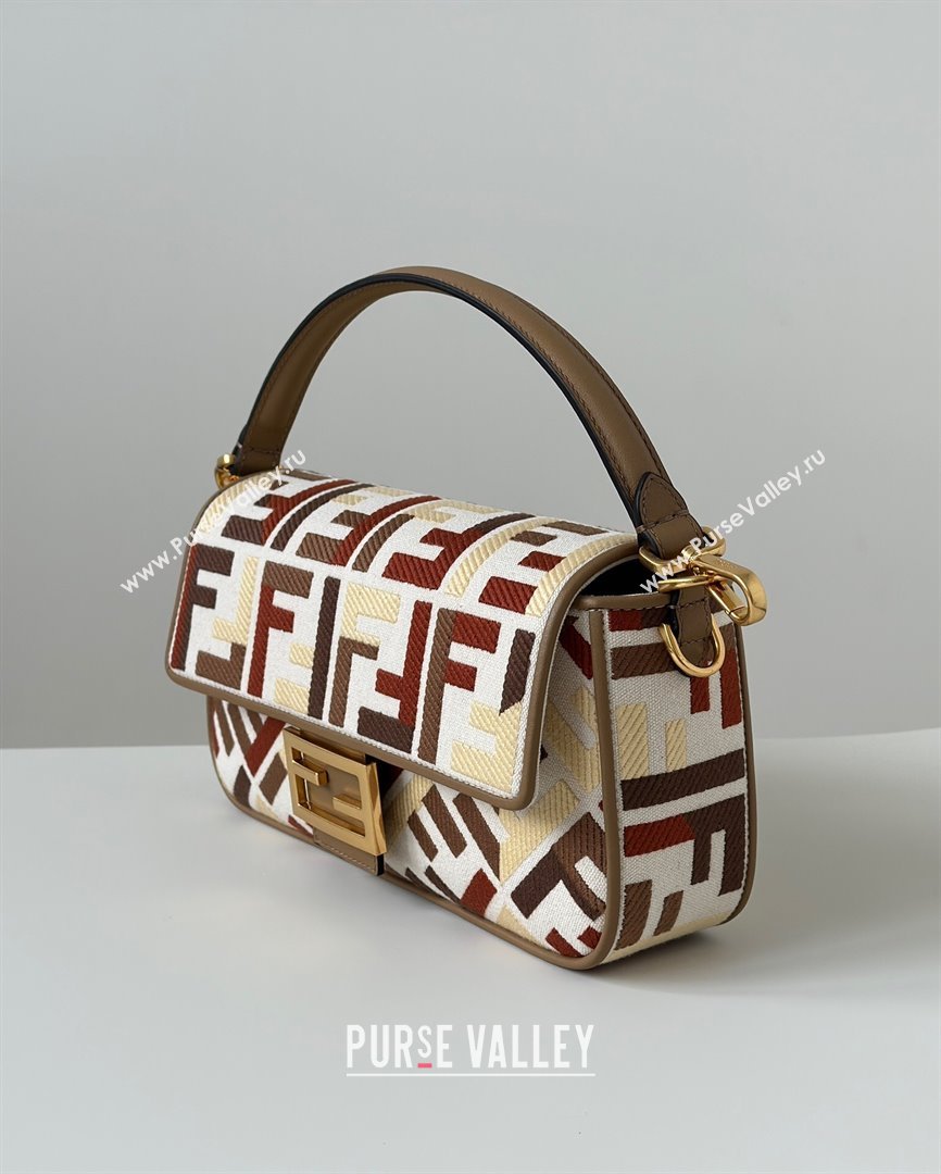 Fendi Baguette Medium Bag in Canvas with FF embroidery Red/Multicolor 2025 0159M 0930 (CL-250930021)