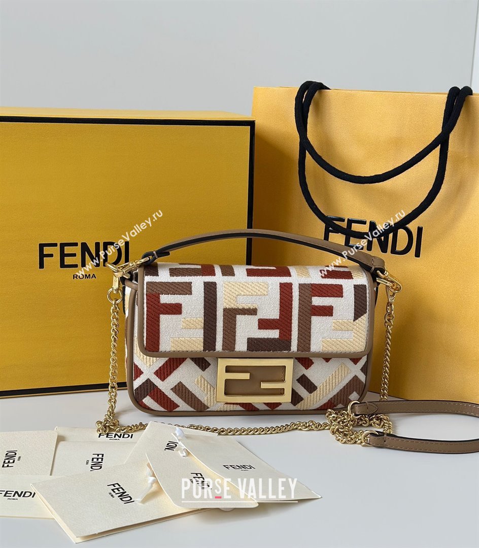 Fendi Baguette Mini Bag in Canvas with FF embroidery Red/Multicolor 2025 0159S 0930 (CL-250930020)
