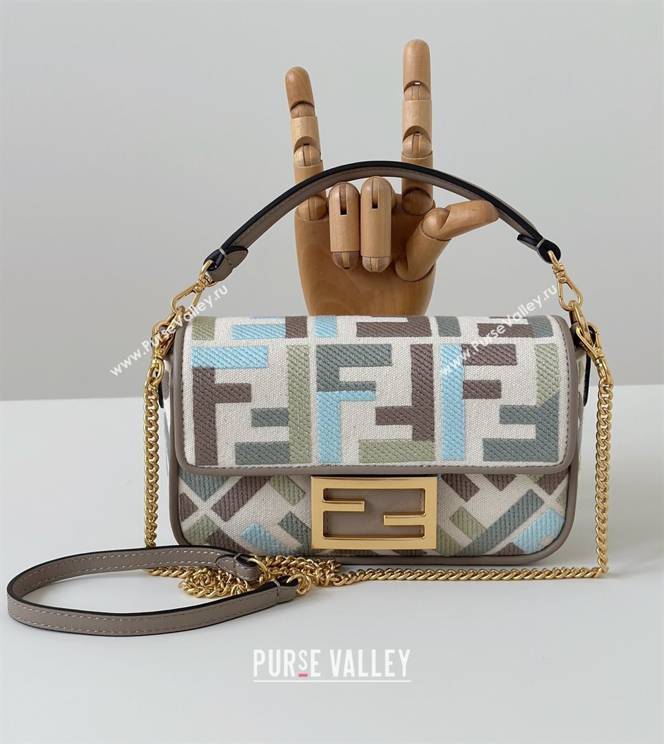 Fendi Baguette Mini Bag in Canvas with FF embroidery Green/Blue/Multicolor 2025 0159S 0930 (CL-250930022)