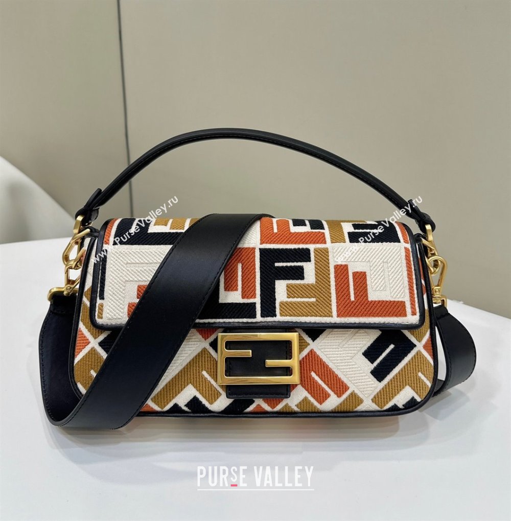Fendi Baguette Medium Bag in Canvas with FF embroidery Black/Multicolor 2025 0159M (CL-250522018)