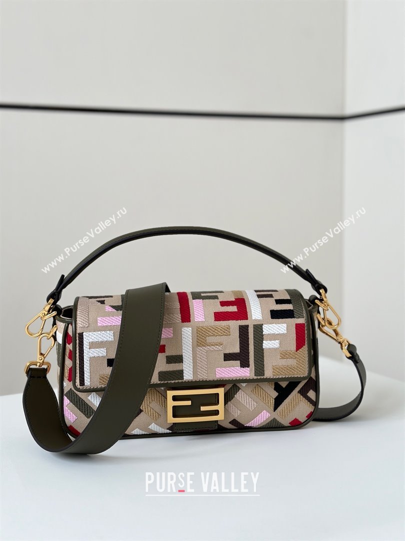 Fendi Baguette Medium Bag in Canvas with FF embroidery Beige/Multicolor 2025 0159M (CL-250522017)