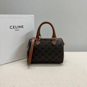 Celine Small Boston Bag in Triomphe Canvas and Calfskin Tan Brown 2024 113772 (BL-240522079)