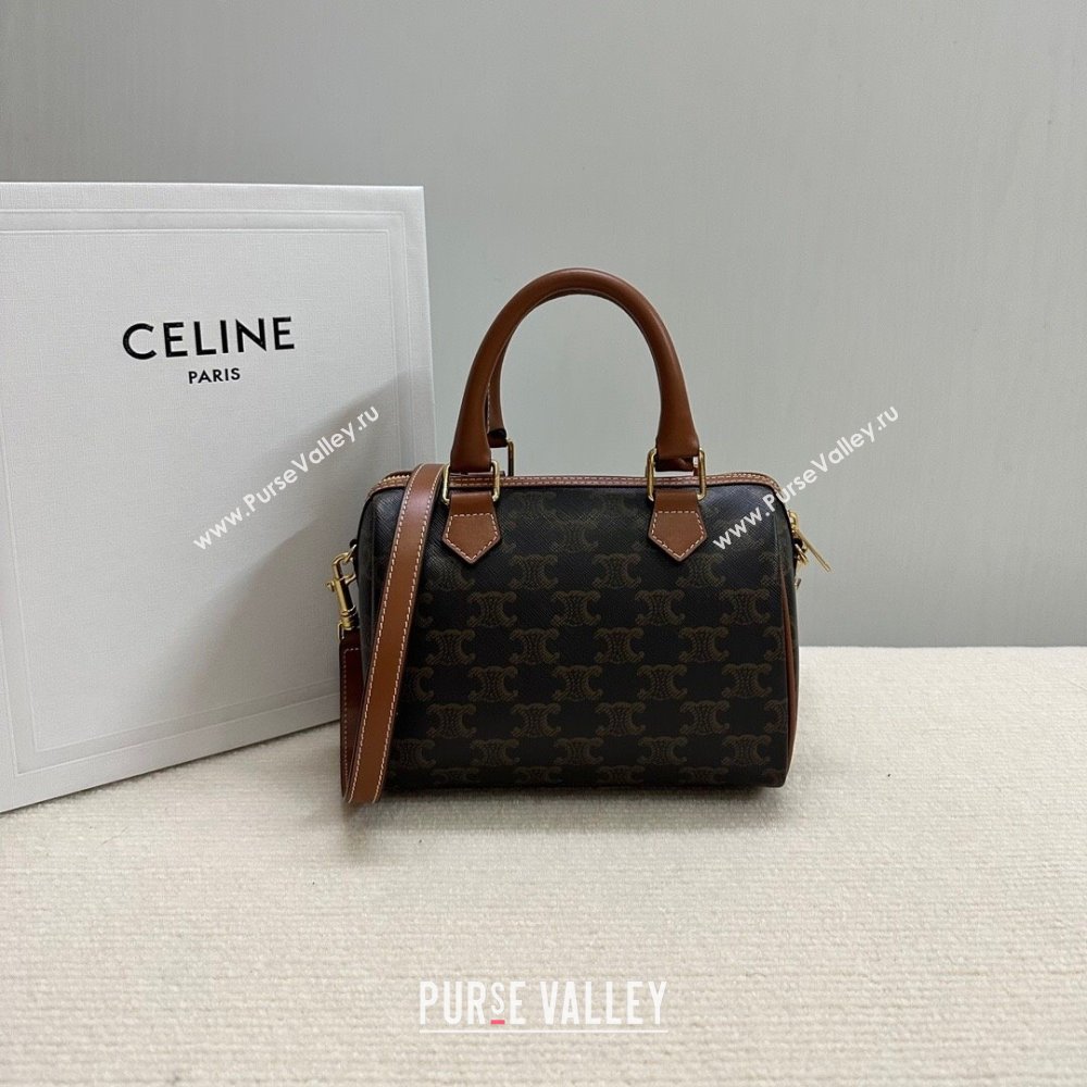 Celine Small Boston Bag in Triomphe Canvas and Calfskin Tan Brown 2024 113772 (BL-240522079)