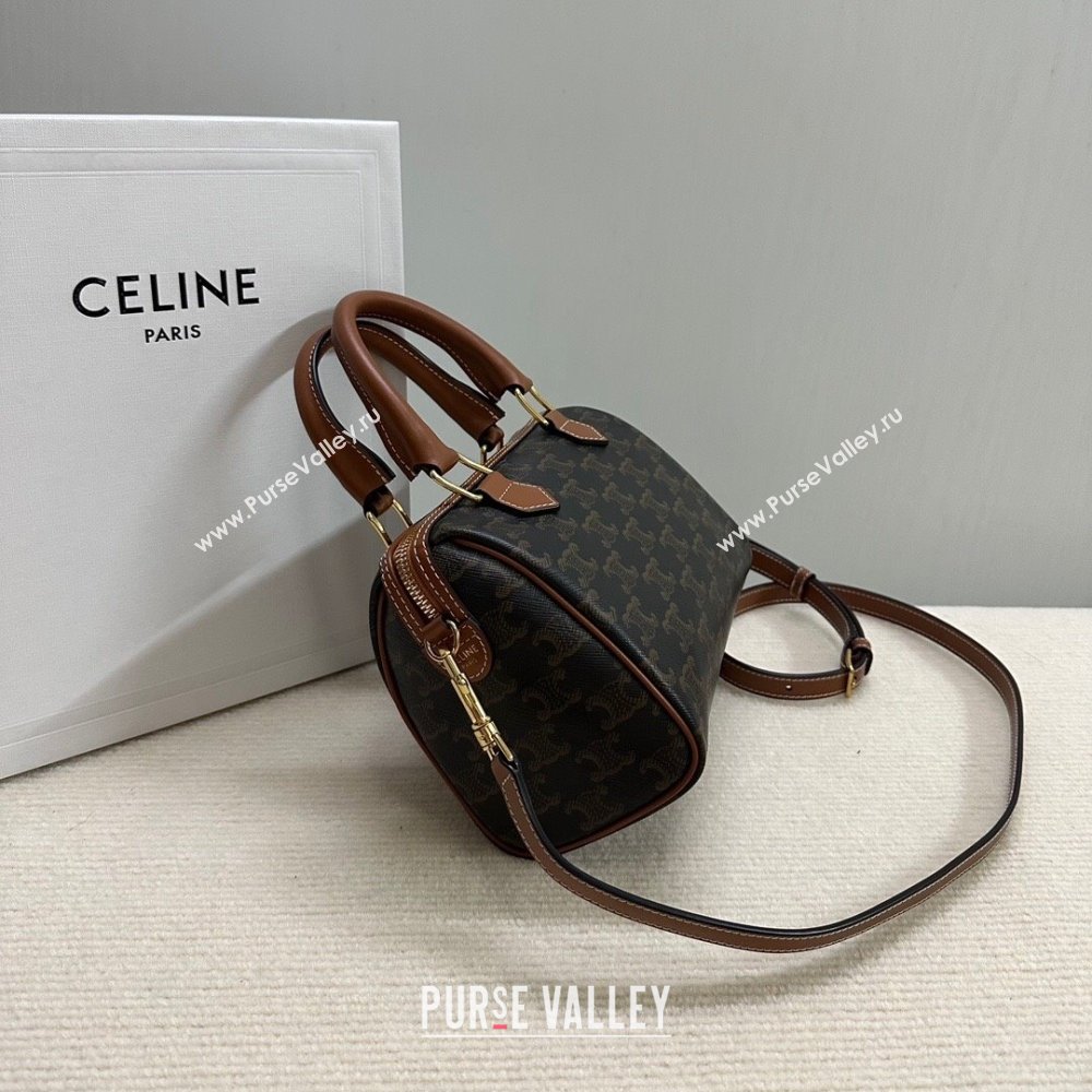 Celine Small Boston Bag in Triomphe Canvas and Calfskin Tan Brown 2024 113772 (BL-240522079)