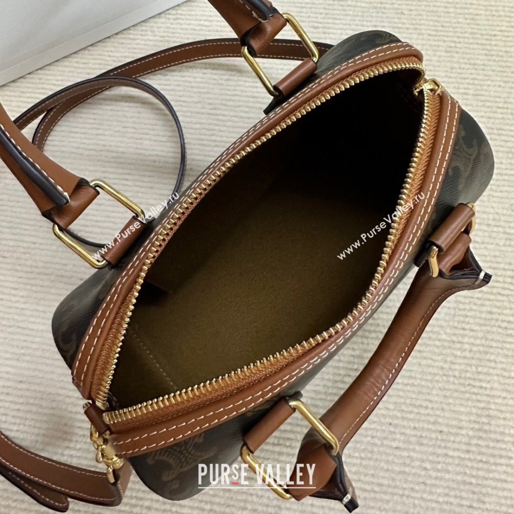 Celine Small Boston Bag in Triomphe Canvas and Calfskin Tan Brown 2024 113772 (BL-240522079)