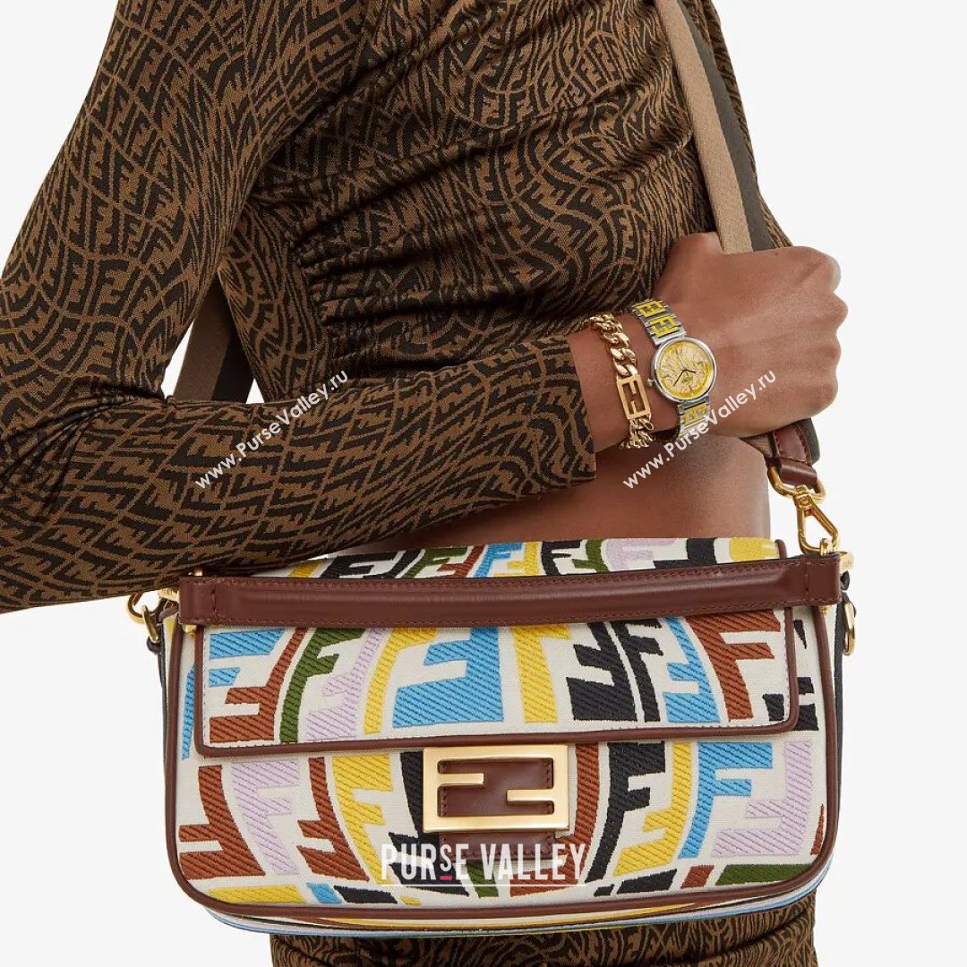 Fendi Baguette Medium Bag in FF Fish-Eye Embroidered Canvas Multicolor 2021 8381 (CL-21073115)